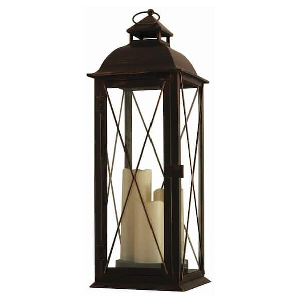 Smart Design Salerno 27 in. Antique Brown Triple Candle LED Lantern with Timer
