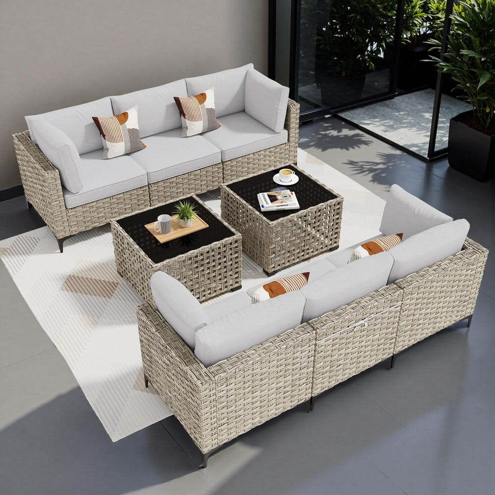 Cozy 8-Pieces Wicker Patio Conversation Seating Sofa Set with Gray Cushions