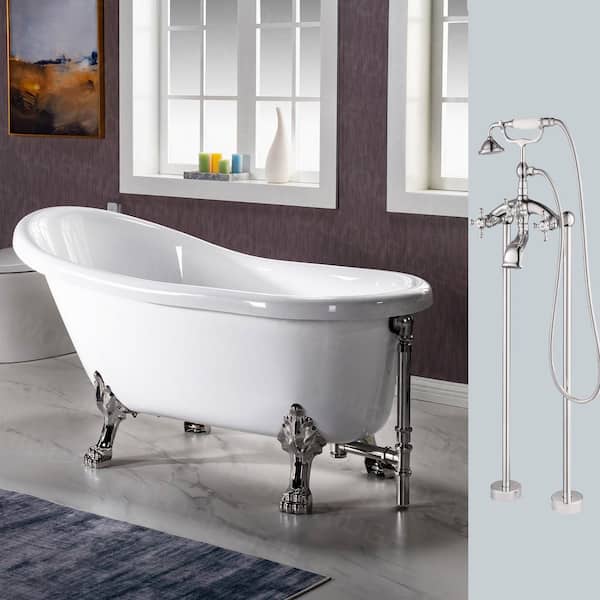 WOODBRIDGE Dover 54 in. Heavy Duty Acrylic Slipper Clawfoot Bath Tub in White Faucet, Claw Feet, Drain & Overflow in Brushed Nickel