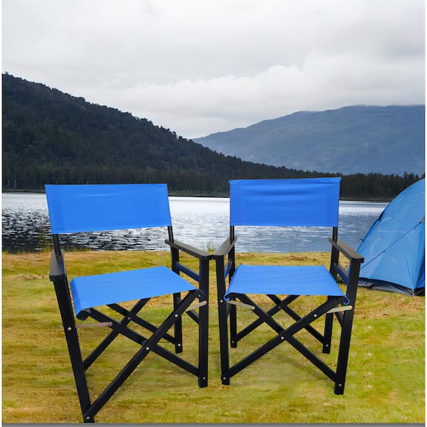 Otryad Wooden Outdoor Lounge Chair, Populus and Canvas Folding Chair for Patio, Garden, Pool in Blue Set of 2