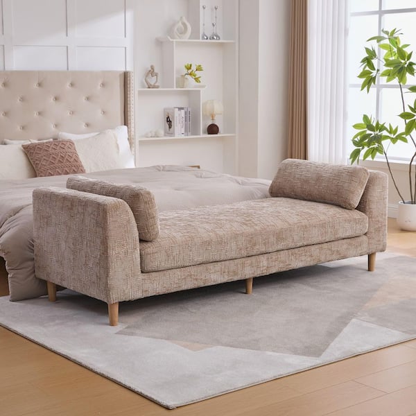 Luxury Collection Light Brown Chenile 83.1 in. Bedroom Bench with Armrests and 2 Pillows