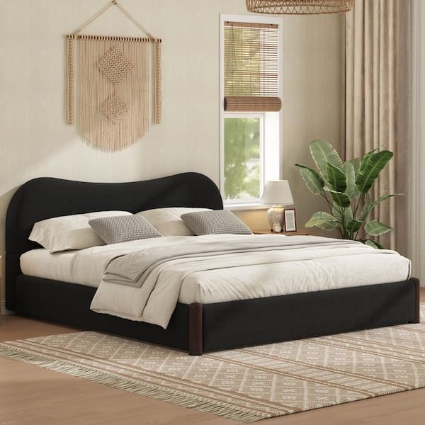 Percival Black Wood Frame King Size Platform Bed with Upholstered Berber Fleece Headboard