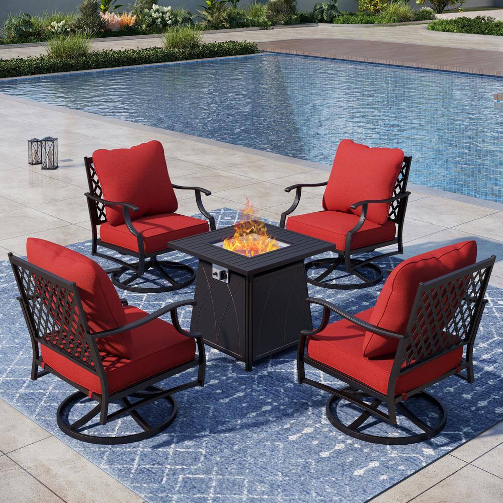 PHI VILLA Metal 4 Seat 5Piece Steel Outdoor Patio Conversation Set with Red Cushions Swivel
