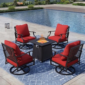 Metal 4 Seat 5-Piece Steel Outdoor Patio Conversation Set with Red Cushions Swivel Chairs Square Fire Pit Table