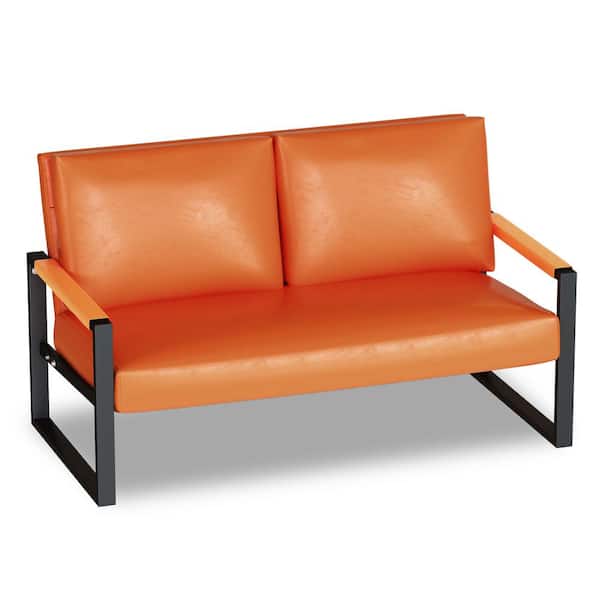 mieres Mid-Century Style 47 in. Orange Faux Leather Upholstered 2-Seater Loveseat with Steel Frame