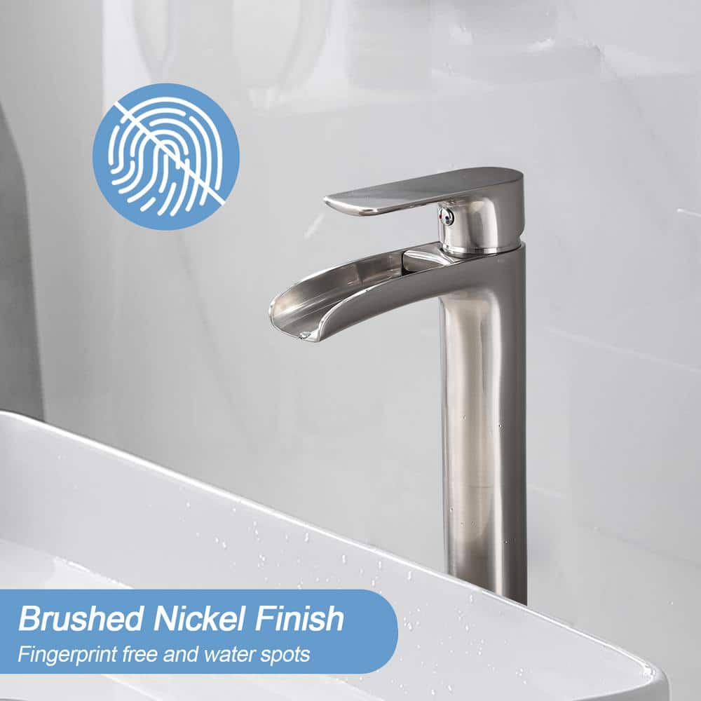 Brushed Nickel Tall Single Handle Bathroom Faucet with Waterfall Spout