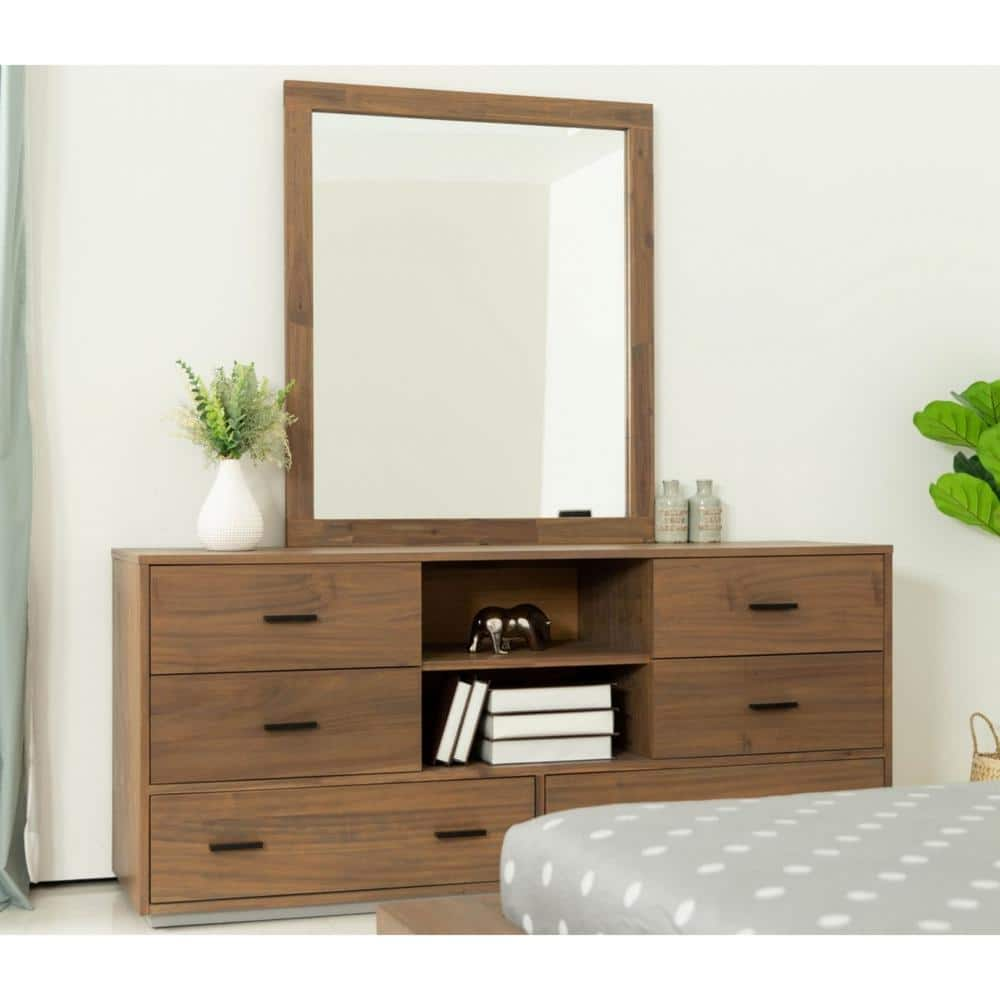 Furniture of America Olala 6-Drawer Light Walnut Dresser with Mirror (72.88 in. H x 58 in. W x 15.5 in. D)