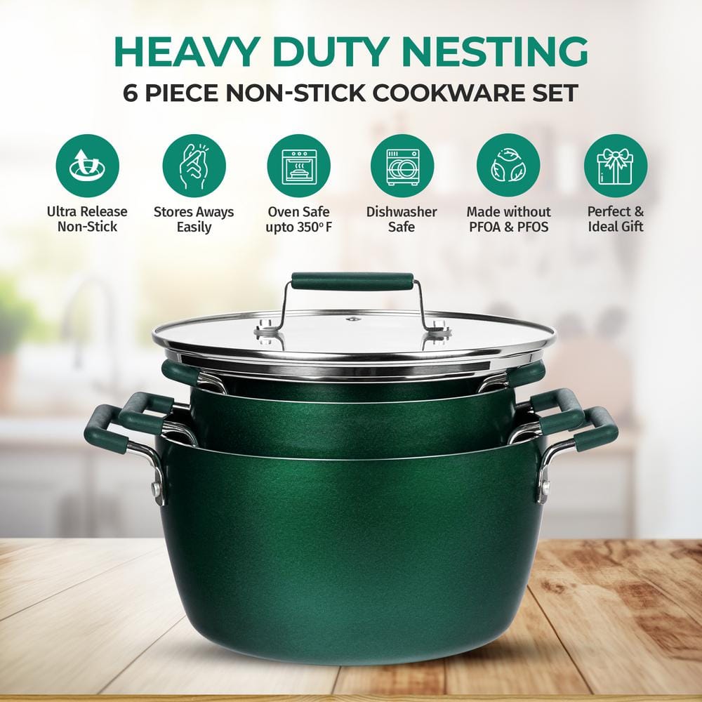 Emerald Green Aluminum Nonstick 6-Piece Nesting Cocotte Set