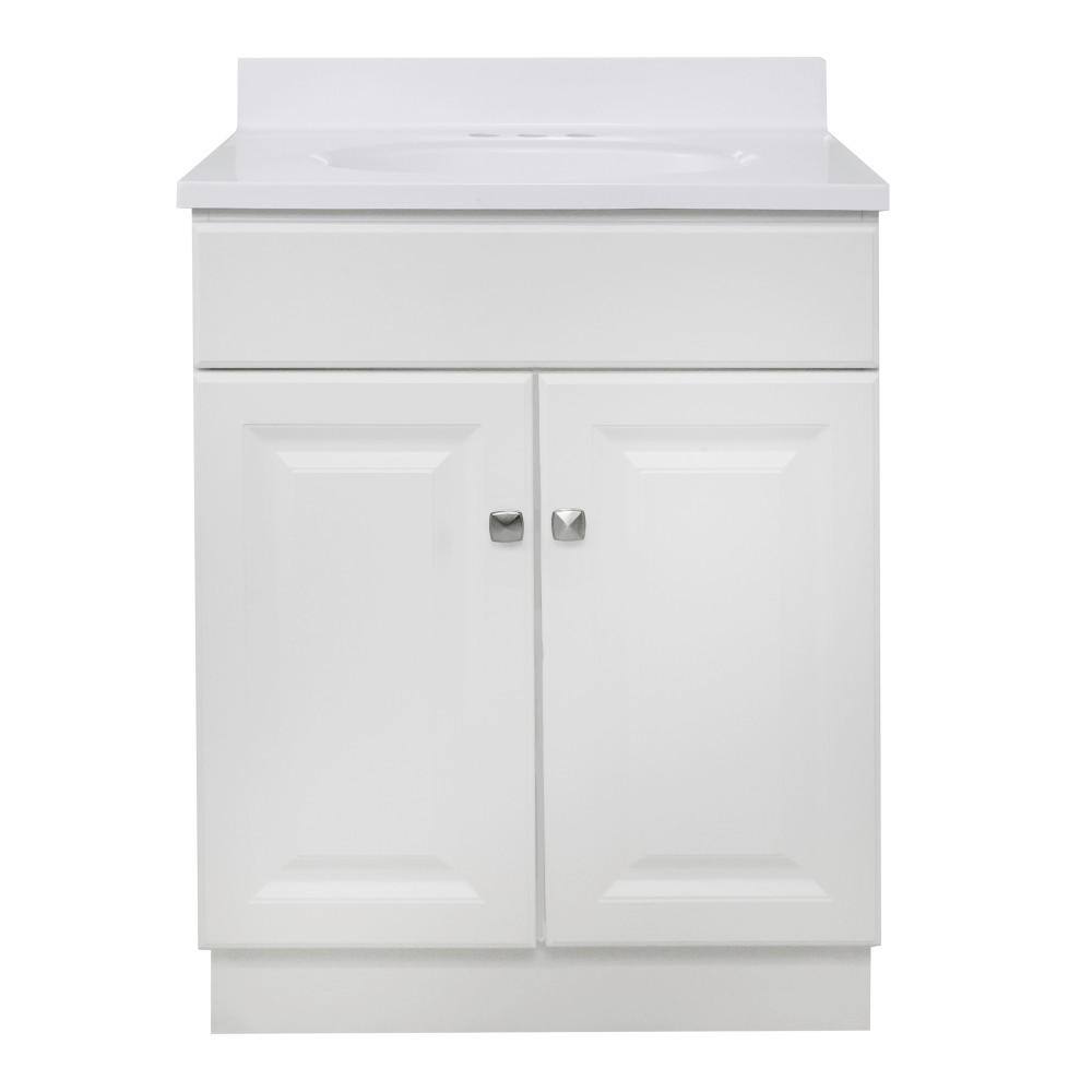 White Cultured Marble 25-Inch Bathroom Vanity with Satin Nickel Knobs