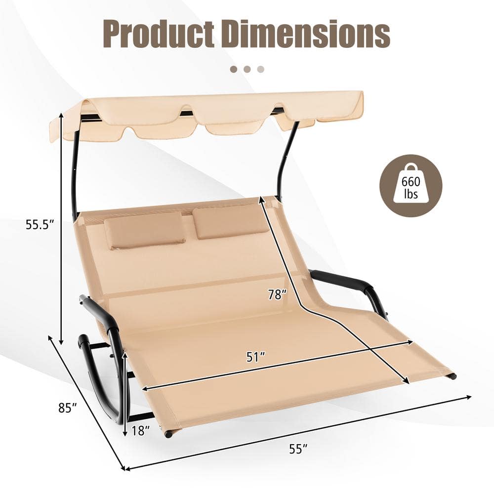 Beige Metal Outdoor Rocking Chaise Lounge with Adjustable Canopy