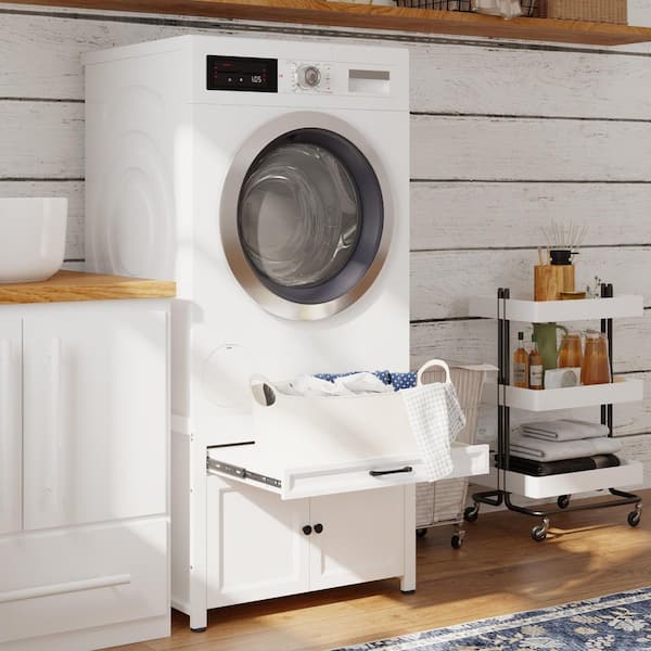 29.1 in. Laundry Pedestal in White with Pull-Out Shelf and Storage Cabinet