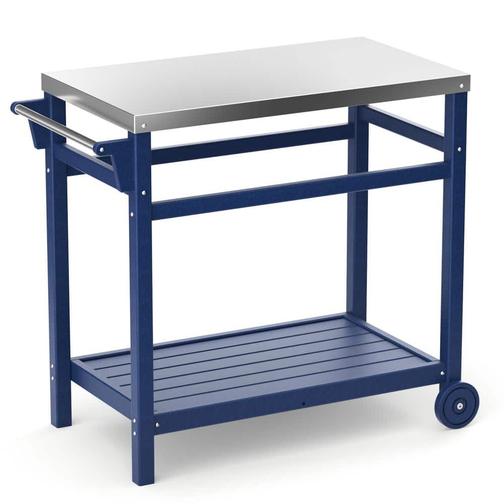 Navy Blue HDPE Movable Outdoor Dining Cart Table, Grill Cart Prep Cart with Stainless Steel Tabletop price history on PriceWatchPro