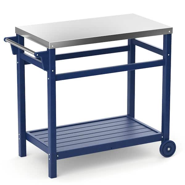 Zeus & Ruta Navy Blue HDPE Movable Outdoor Dining Cart Table, Grill Cart Prep Cart with Stainless Steel Tabletop