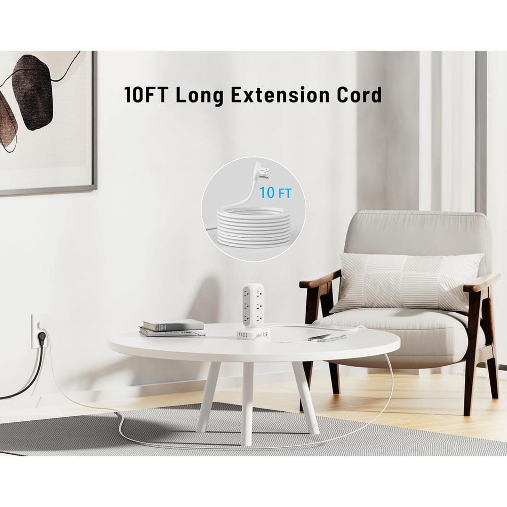 White 12-Outlet Power Strip Tower with 10 ft. Cord