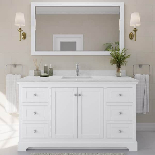 Avery 60in.Wx22 in.D Single Vanity in White with Cultured Marble Vanity Top in Light-Vein Carrara with White Basin
