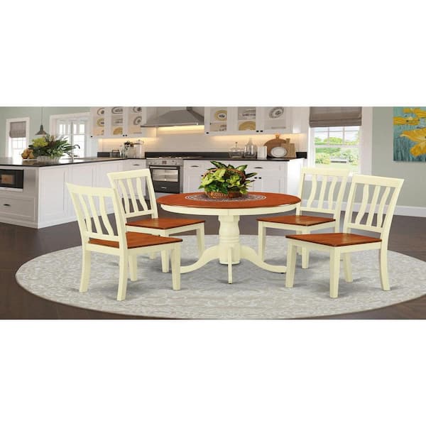 East West Furniture 5-Piece Round Buttermilk and Cherry Finish Solid Wood Top Dining table with 4 Chairs with Lattice Back