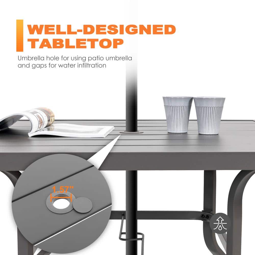 Nuu Garden Gray Iron Square Outdoor Dining Table with Umbrella Hole