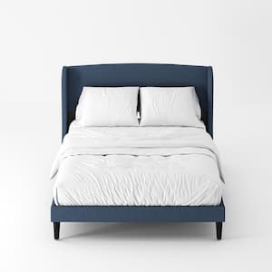 Eckhard Navy Upholstered Wood Frame Wingback Queen Platform Bed with Tapered Legs