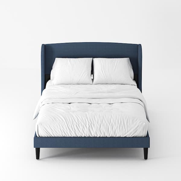 JAYDEN CREATION Eckhard Navy Upholstered Wood Frame Wingback Queen Platform Bed with Tapered Legs