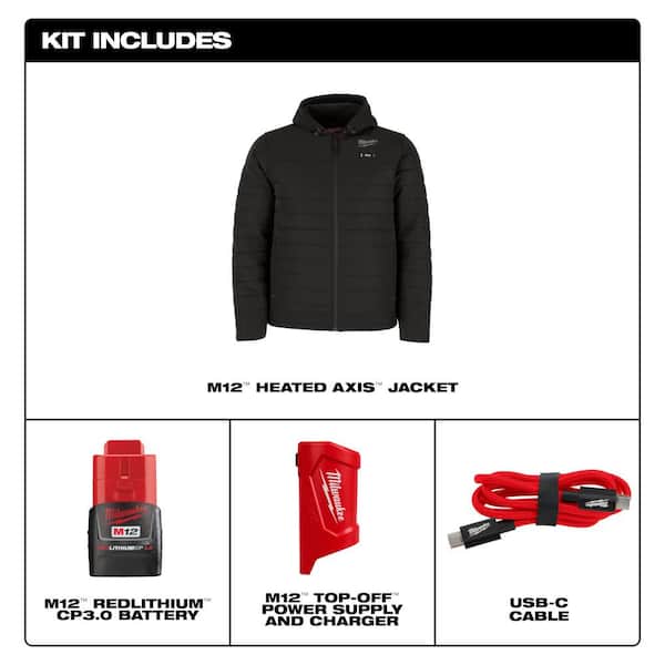 Milwaukee Men's Large M12 12-Volt Lithium-Ion Cordless Axis Black Heated Hooded Jacket Kit with (1) 3.0 Ah Battery and Charger