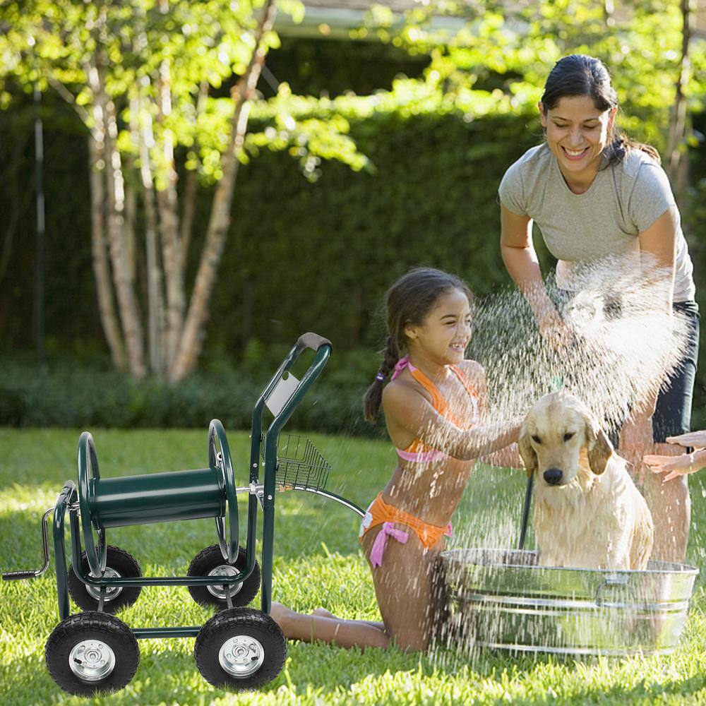 Green Steel Four-Wheel Hose Reel Cart with Manual Crank
