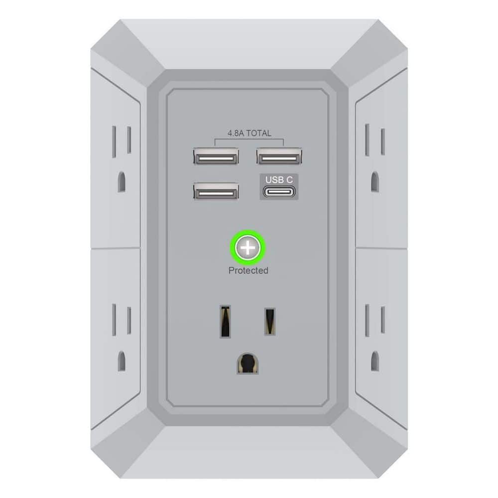 Gray 5-Outlet Extender with 4 USB Charging Ports 4.8A Total, 3-Sided 1680J Power Strip, Multi Plug Adapter Spaced, 3U1C price history on PriceWatchPro