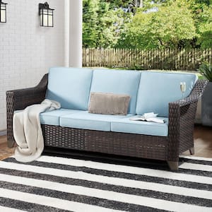 Wicker Outdoor Patio Sectional Sofa with Thick Baby Blue Cushions