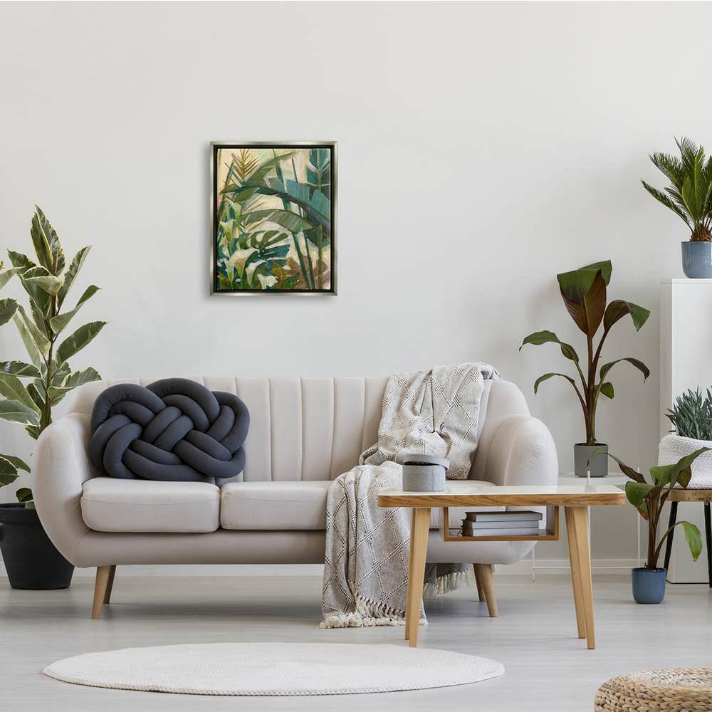 Tropical Jungle Green Leaves Canvas Print with Gray Frame
