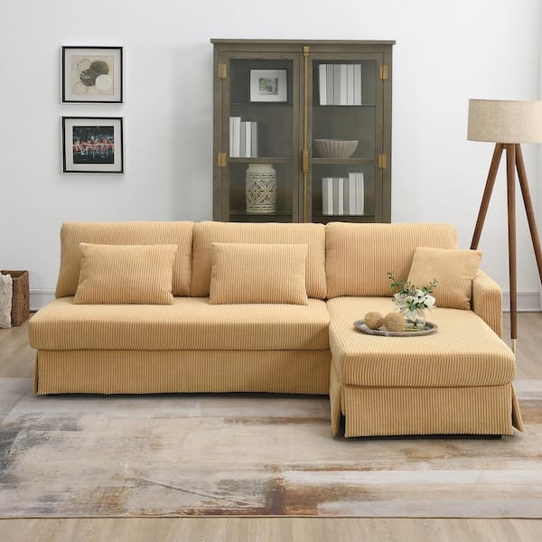 87 in. L-Shaped Corduroy Sectional Sofa in. Yellow with Reversible Chaise