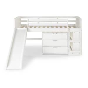 White Twin Louver Low Loft Bed with 3-Drawers and Bookshelf