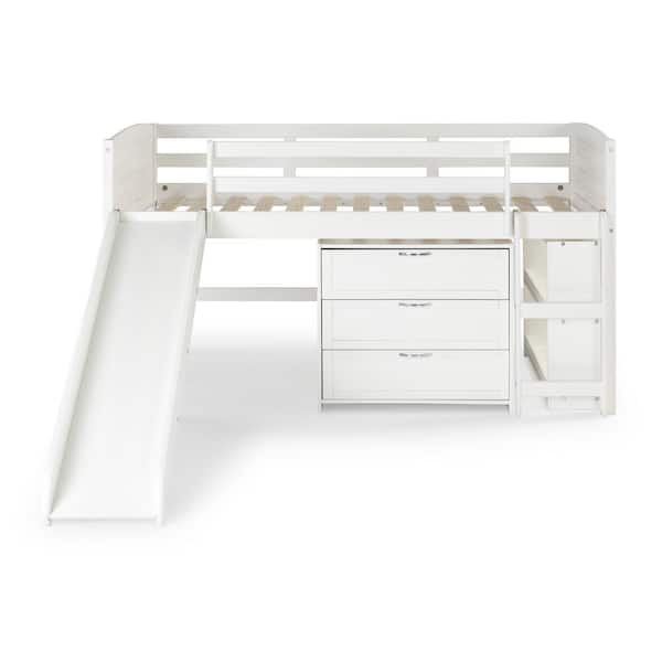 Donco Kids White Twin Louver Low Loft Bed with 3-Drawers and Bookshelf