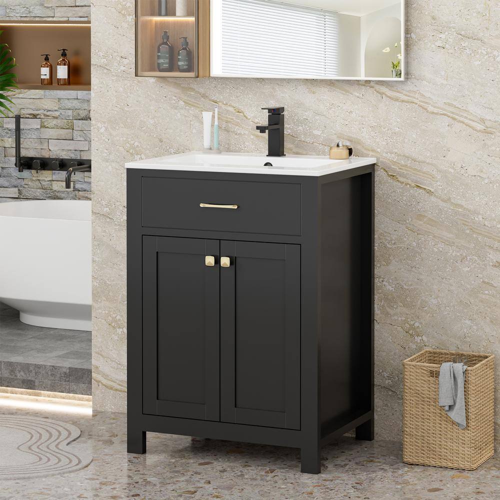 24 in. W x 19 in. D x 34 in. H Single Sink Freestanding Black Bath Vanity with White Ceramic Top and Drain Faucet Set price history on PriceWatchPro