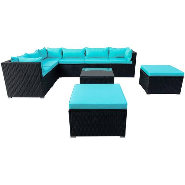 Unbranded 9-Piece Wicker Outdoor Sectional Set with Blue Cushion