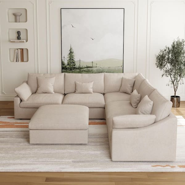119.2 in. Square Arm 6-Piece Linen L-Shaped Down Feather Modular Free Combination Sectional Sofa with Ottoman in Khaki