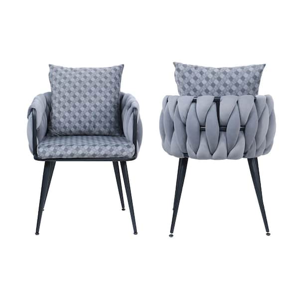Unbranded Grey Velvet Accent Arm Chair Set of 2 Hand Weaving Dining Chairs Modern Upholstered Side Chair with Metal Legs & Pillows