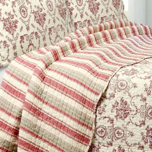 Red Tan Cotton King Quilt Bedding Set, Red Toile Duvet Cover King
