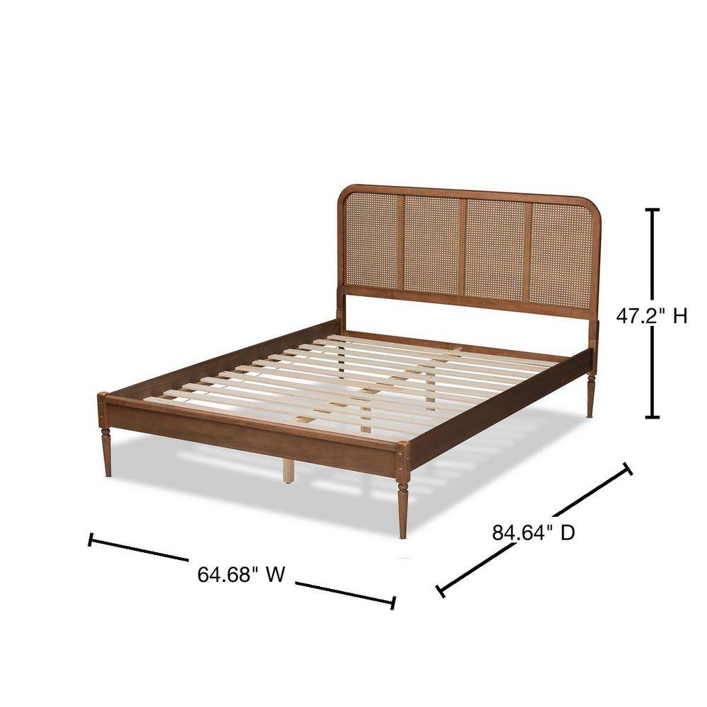 Queen Ash Walnut Wood Frame Platform Bed with Rattan Headboard