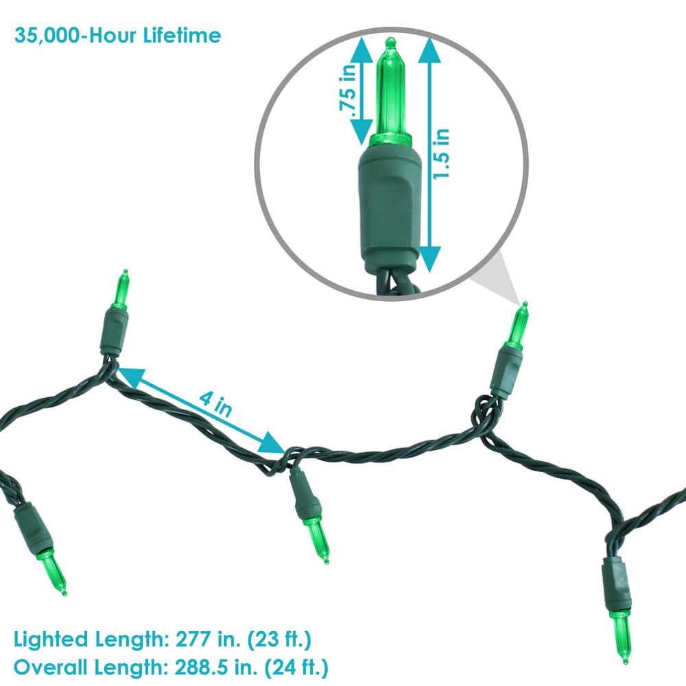 Green LED Electric Outdoor Christmas String Lights, 23 ft