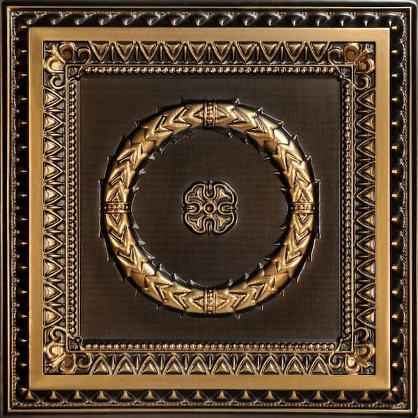FROM PLAIN TO BEAUTIFUL IN HOURS Laurel Wreath Antique Gold 2 ft. x 2 ft. PVC Glue-up or Lay-in Faux Tin Ceiling Tile (200 sq. ft. /Case)