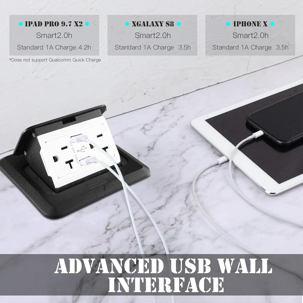 Black Pop-Up Floor Outlet Kit with USB Ports and Wall Plate