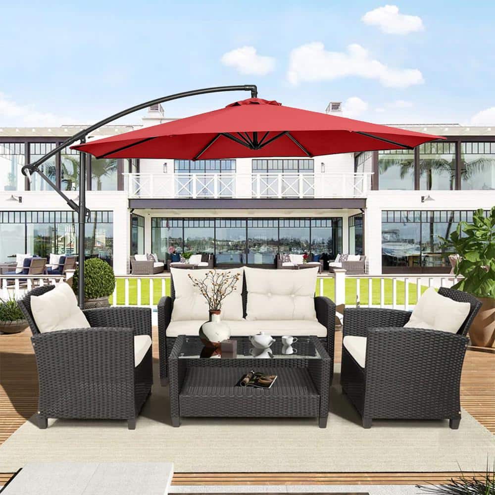 10-Foot Red Polyester Offset Patio Umbrella with Steel Frame