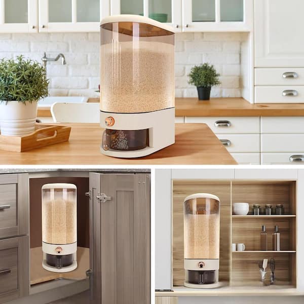 25 lbs. Rice Dispenser with Measuring Cup and Time Scale and Moisture Proof Dry Food Dispenser, Clear and White