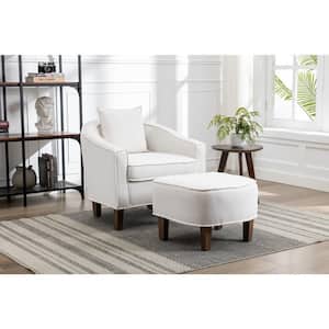 Modern Upholstered Comfy Beige Linen Fabric Accent Chair with Ottoman Set