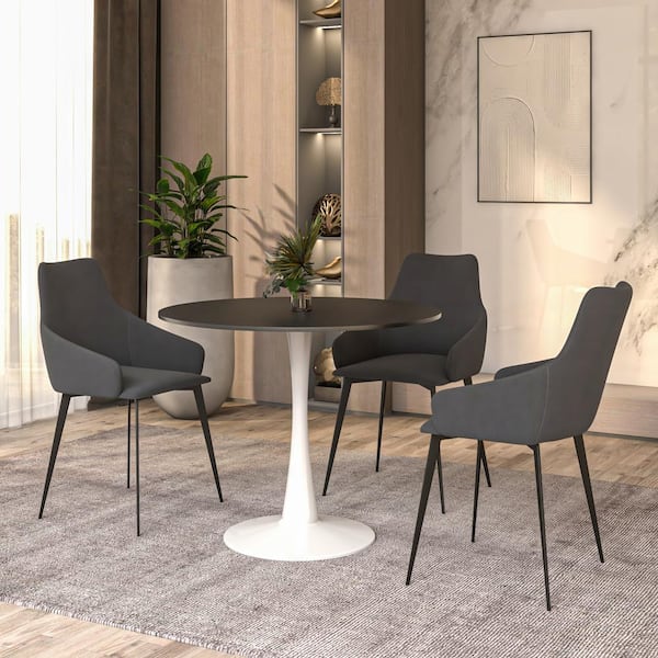 Leisuremod Bristol Dining Table 35 in. Round MDF Wood  in White/Black Tabletop Stainless Steel Metal Pedestal Base Seats 4