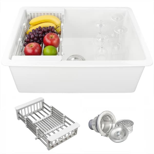White Fireclay 27 in. Single Bowl Undermount Kitchen Sink with Basket Strainer