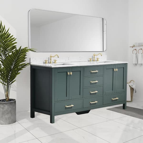 Bath Mist 72 in. W. Double Sink Freestanding Bath Vanity in Green with White Engineered Top