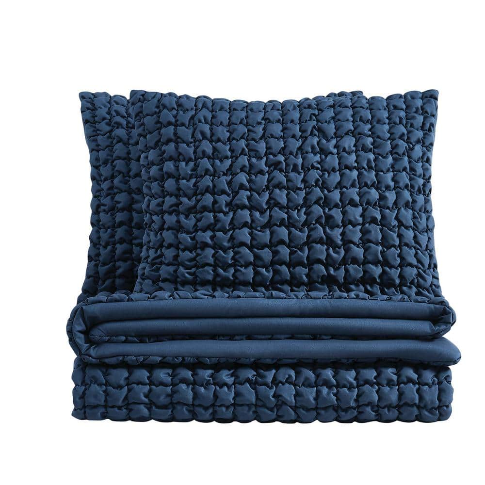 Full Blue Microfiber Textured Puff Bedspread Set