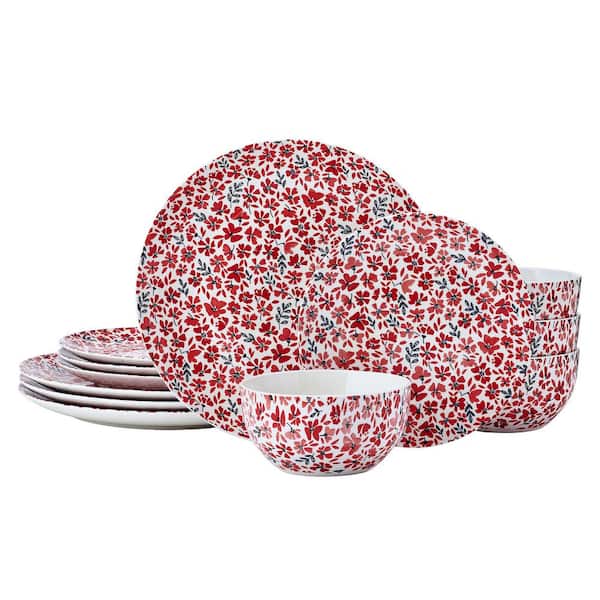 Radiant Blossom 12 Piece Red Stoneware Dinnerware Set, Service for 4