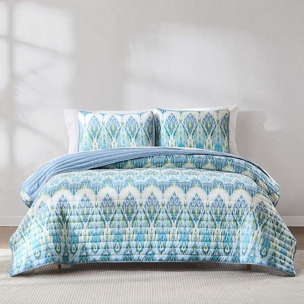 Ikat Drops 3-Piece Teal Microfiber Set Full/Queen Quilt Set