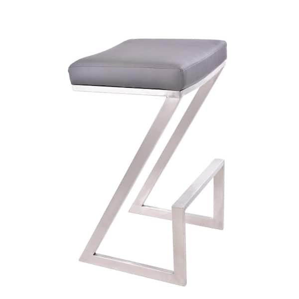 Armen Living Atlantis 30 in. Backless Bar Stool in Brushed Stainless Steel with Grey Pu upholstery